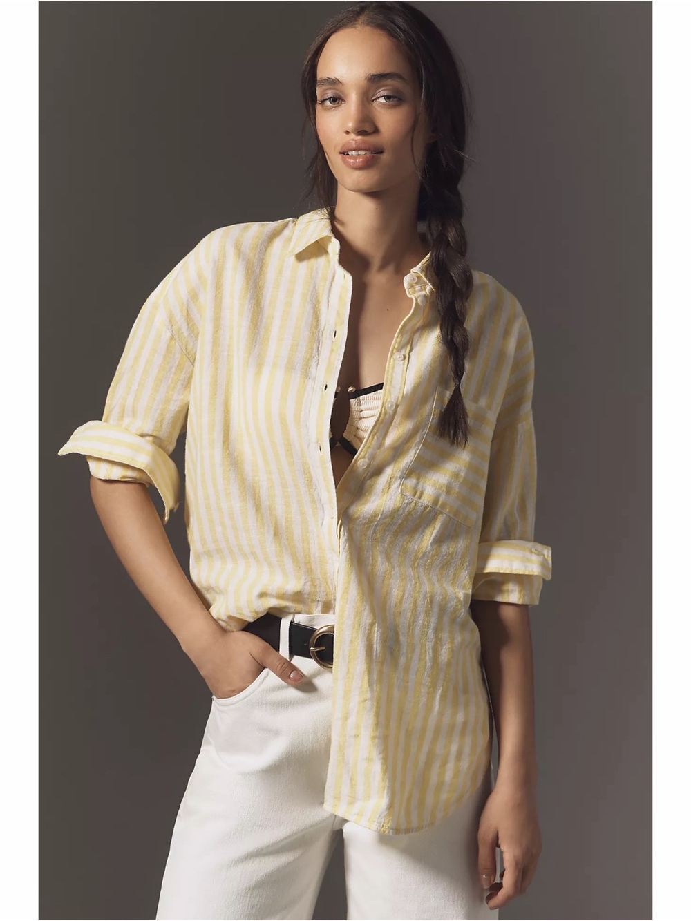 Anthropologie Maeve Yellow White Stripe Linen Bennet Button Down Shirt XS